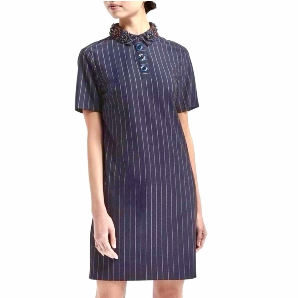 Banana Republic Navy Pinstripe Dress with Embellished Collar